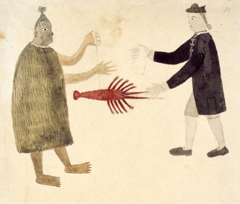 An English Naval Officer bartering with a Maori. From Drawings illustrative of Captain Cook's First Voyage, 1768-1771 Water-colour 1769 The Artist of the Chief Mourner Collection: British Library Reference no: Add.Ms. 15508 f.11(a) Record no.: C2055-03